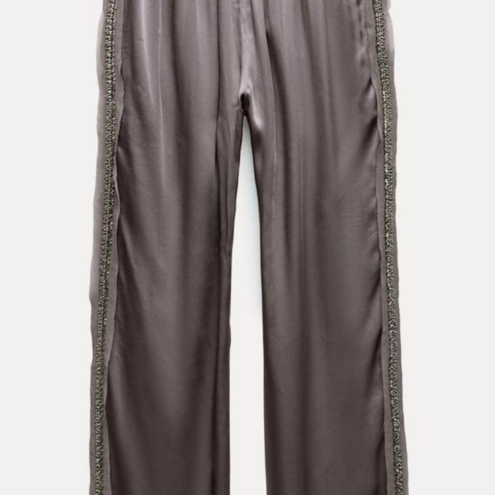ZARA WOMAN EMBROIDERED GRAY SATIN EFFECT PANTS ZW COLLECTION SIZE XL NWT